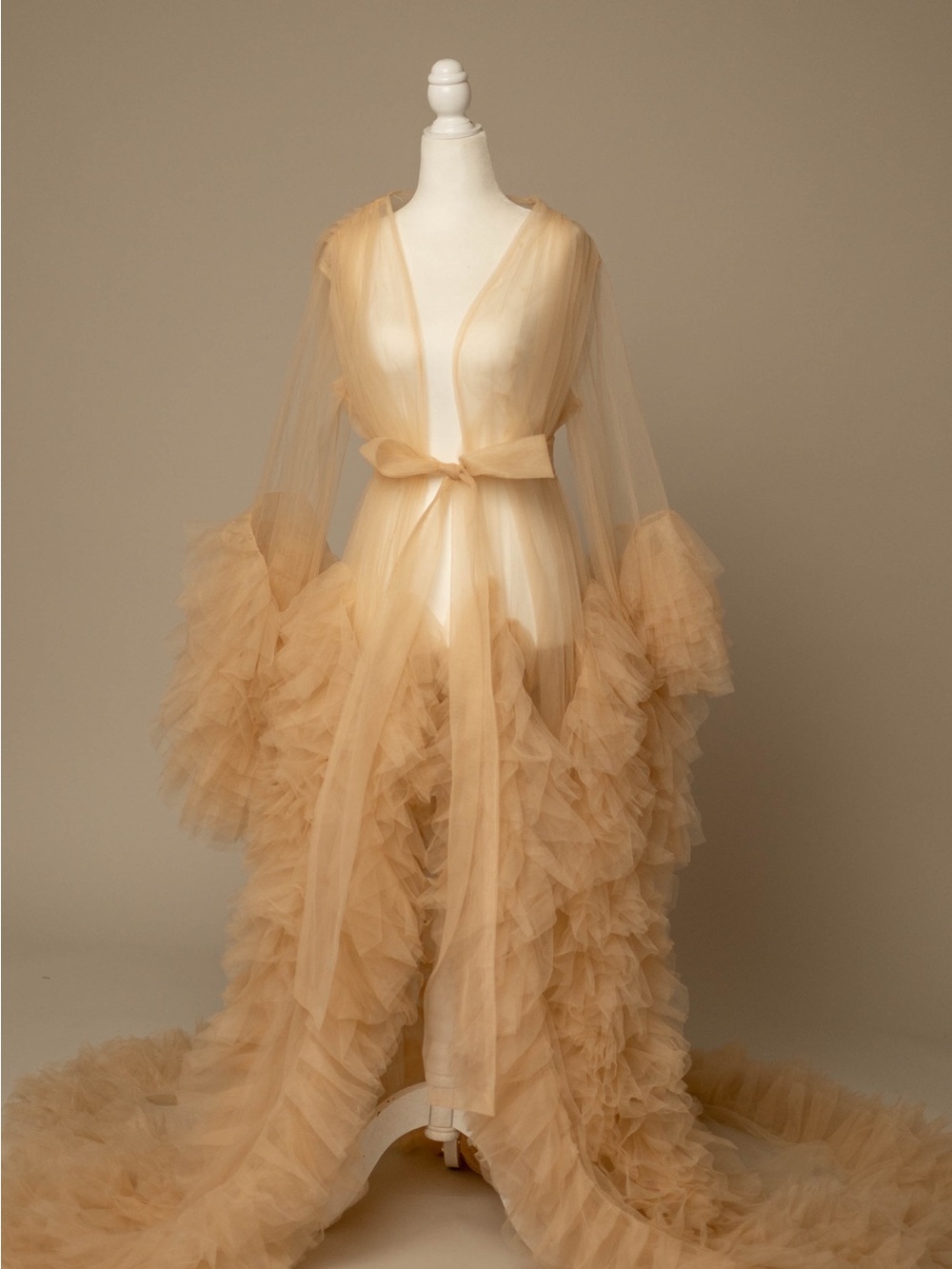 Sheer Ruffled Tulle Robe in Champagne